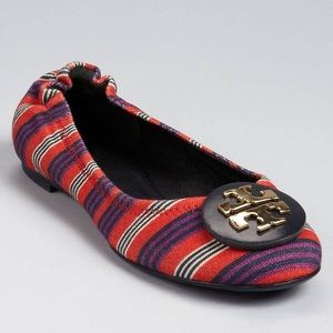 TORY BURCH REVA CANVAS STRIPED BALLET FLATS w/logo